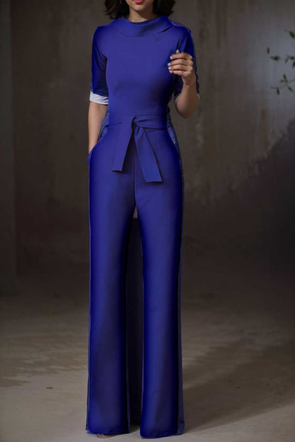 solid five point sleeve belted wide leg jumpsuit 112126