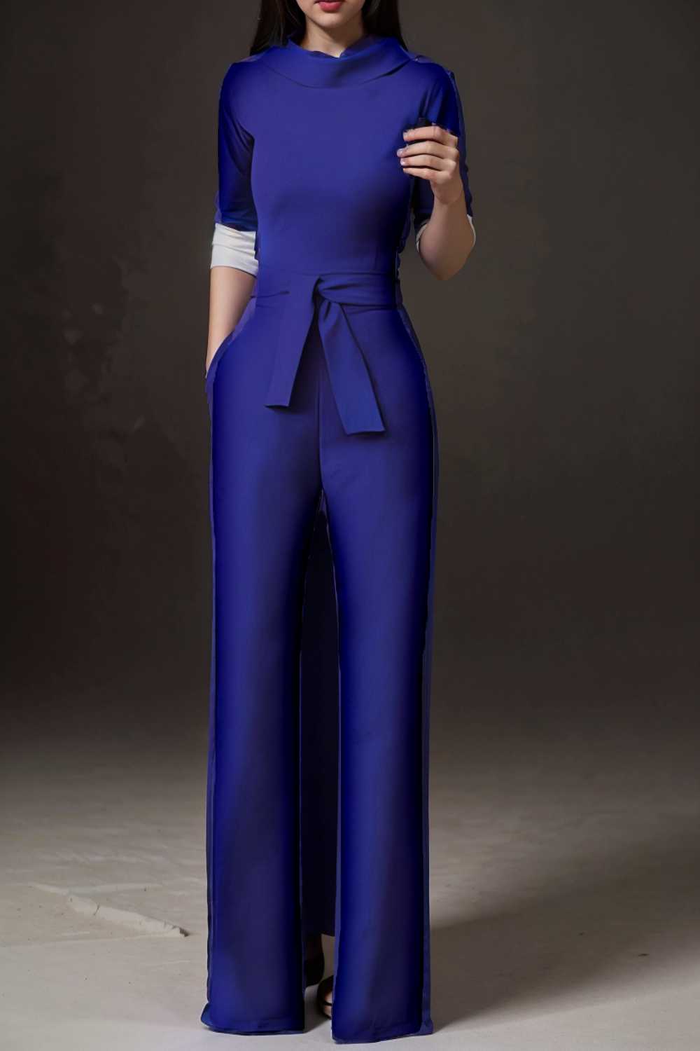 solid five point sleeve belted wide leg jumpsuit 108429