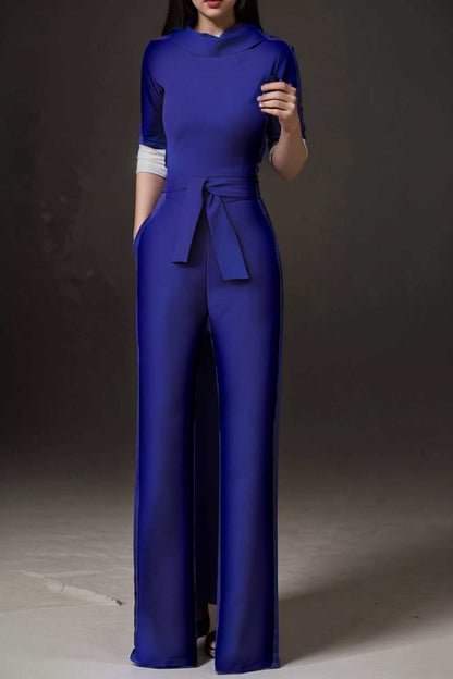 solid five point sleeve belted wide leg jumpsuit 108429