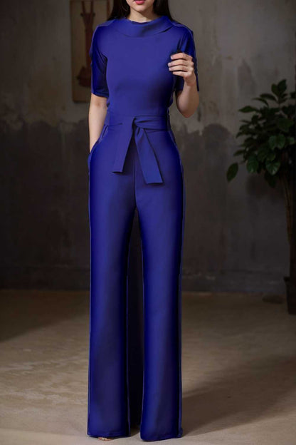 solid five point sleeve belted wide leg jumpsuit 108428