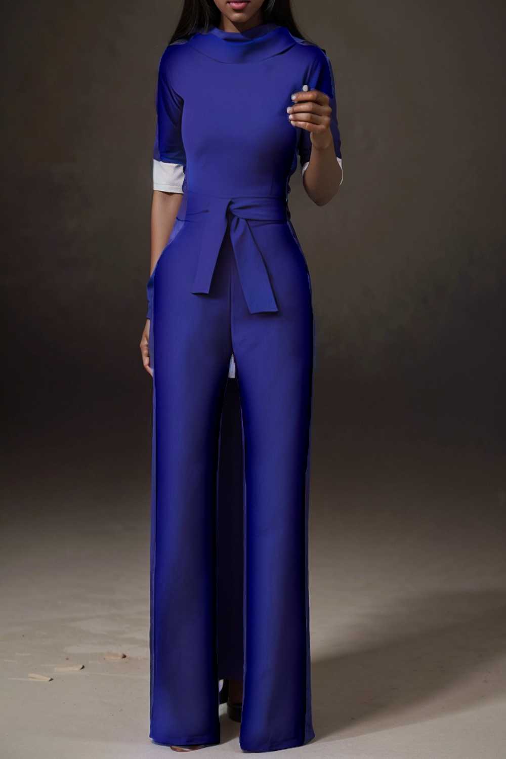 solid five point sleeve belted wide leg jumpsuit 112124