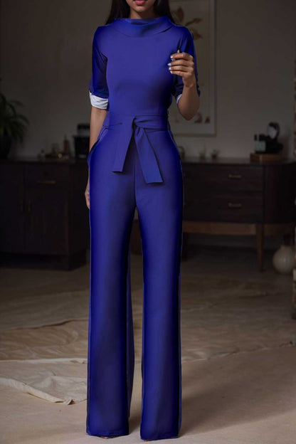 solid five point sleeve belted wide leg jumpsuit 112123