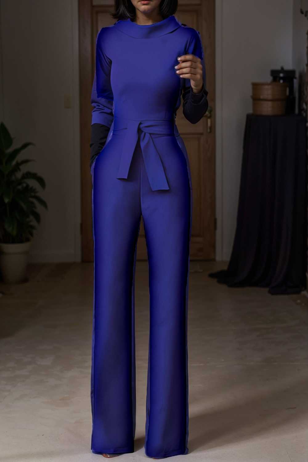 solid five point sleeve belted wide leg jumpsuit 104949