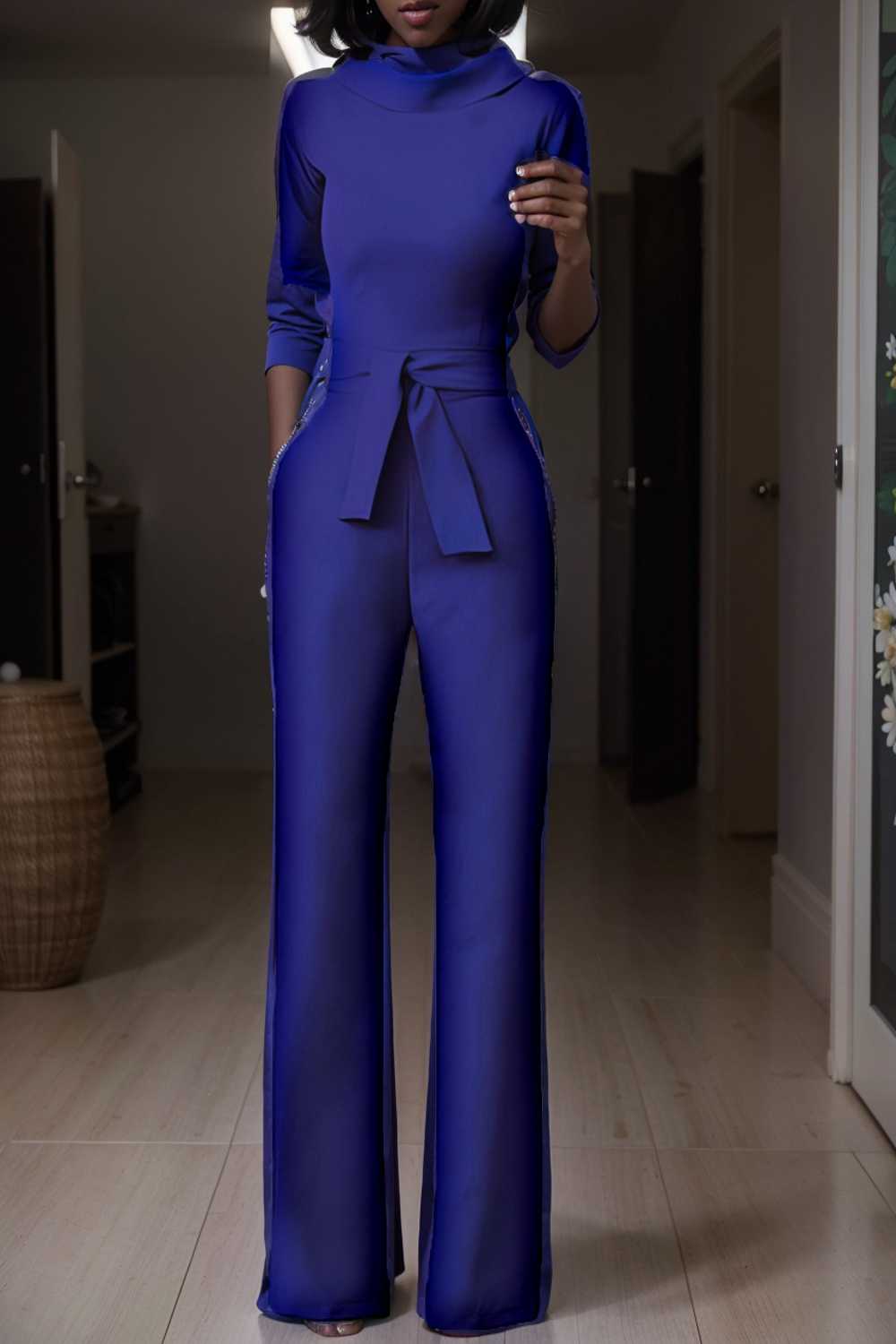 solid five point sleeve belted wide leg jumpsuit 112118