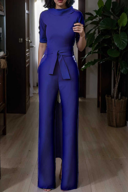 solid five point sleeve belted wide leg jumpsuit 112117