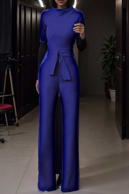 solid five point sleeve belted wide leg jumpsuit 112115