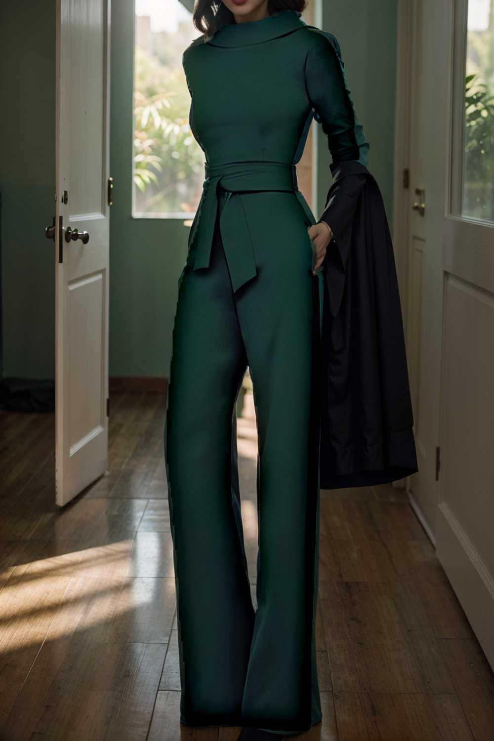 solid five point sleeve belted wide leg jumpsuit 108427