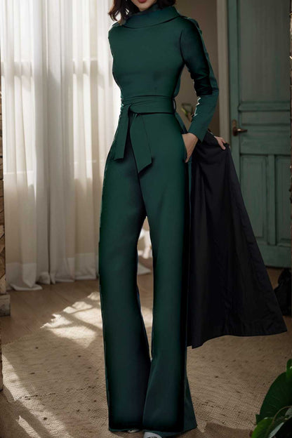 solid five point sleeve belted wide leg jumpsuit 112112