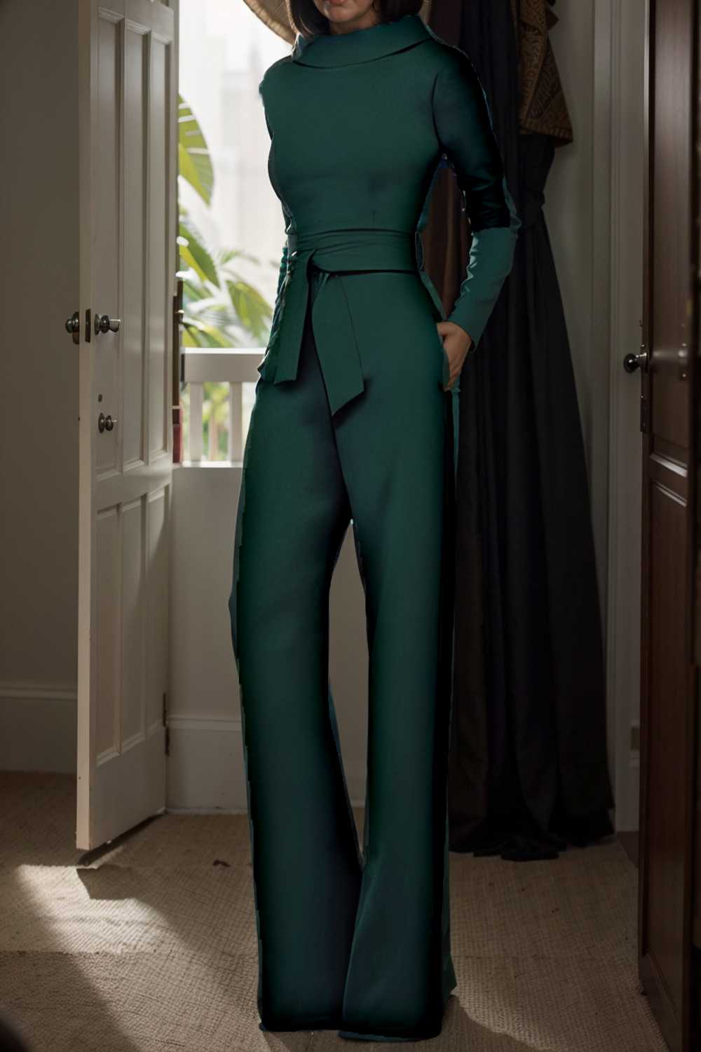 solid five point sleeve belted wide leg jumpsuit 104948