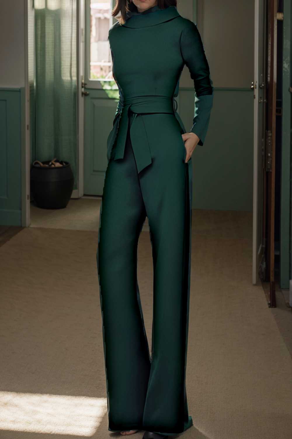solid five point sleeve belted wide leg jumpsuit 104947