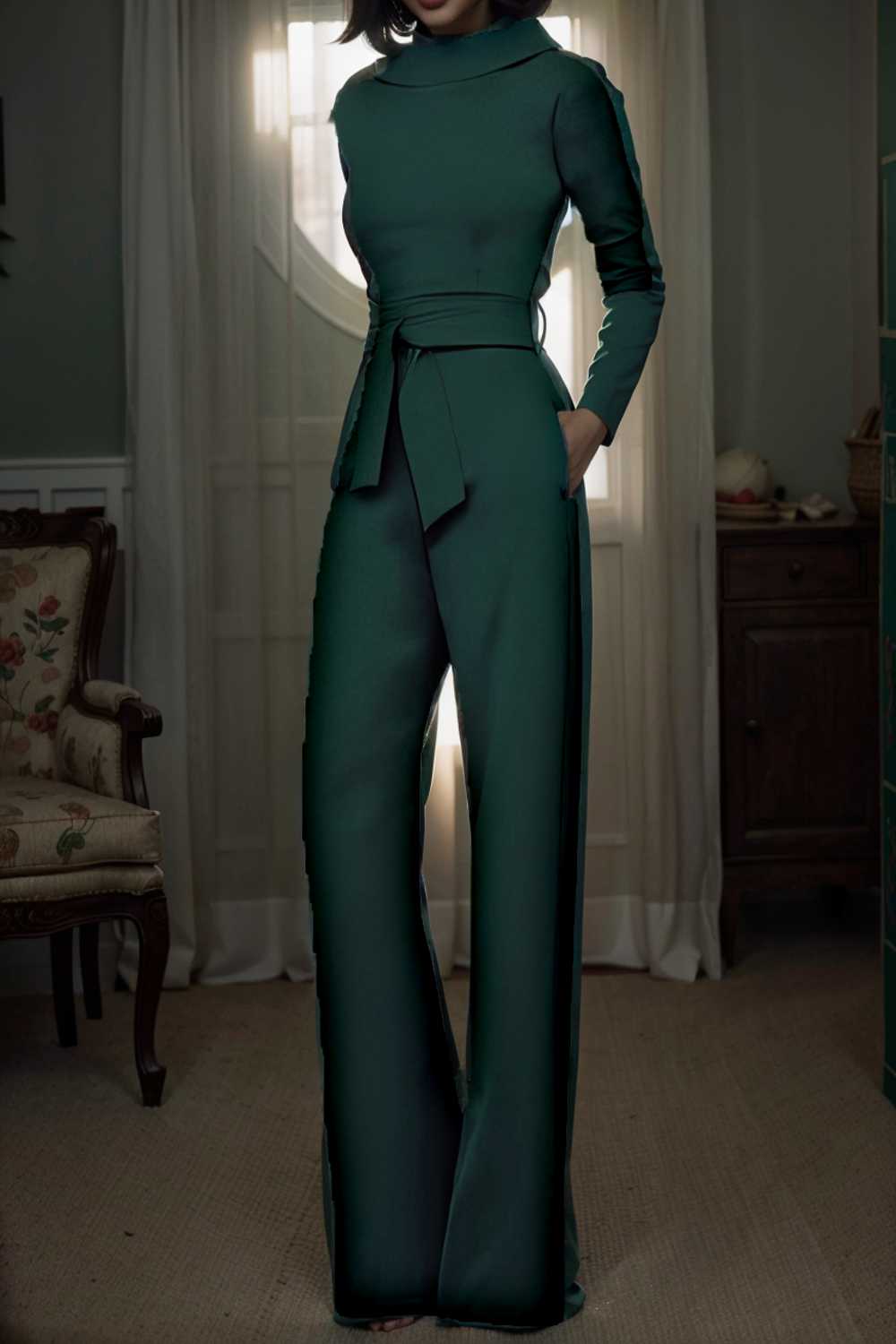 solid five point sleeve belted wide leg jumpsuit 112109