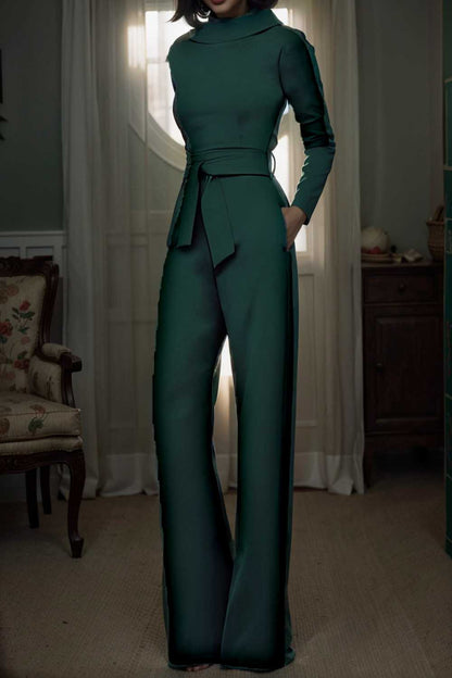 solid five point sleeve belted wide leg jumpsuit 112109