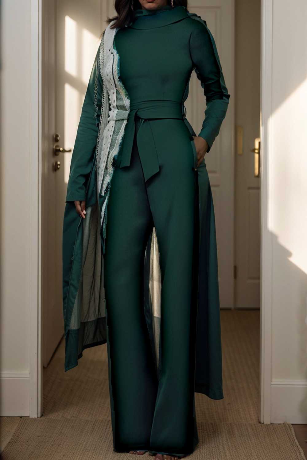 solid five point sleeve belted wide leg jumpsuit 104945