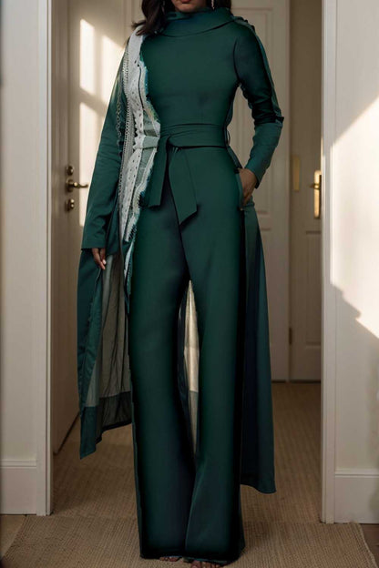 solid five point sleeve belted wide leg jumpsuit 104945