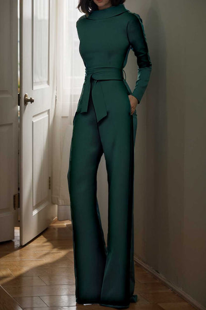 solid five point sleeve belted wide leg jumpsuit 104944