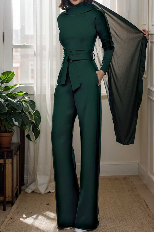 solid five point sleeve belted wide leg jumpsuit 112108