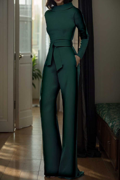 solid five point sleeve belted wide leg jumpsuit 105314