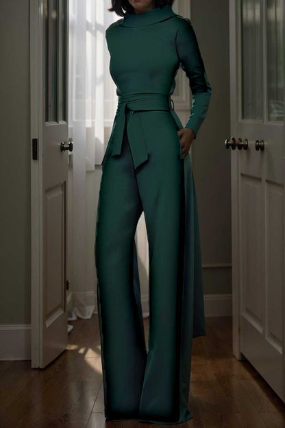 solid five point sleeve belted wide leg jumpsuit 104942