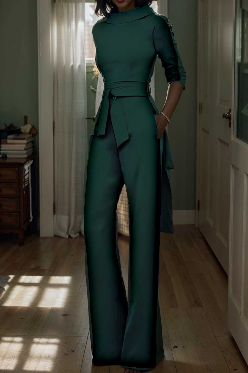 solid five point sleeve belted wide leg jumpsuit 105312