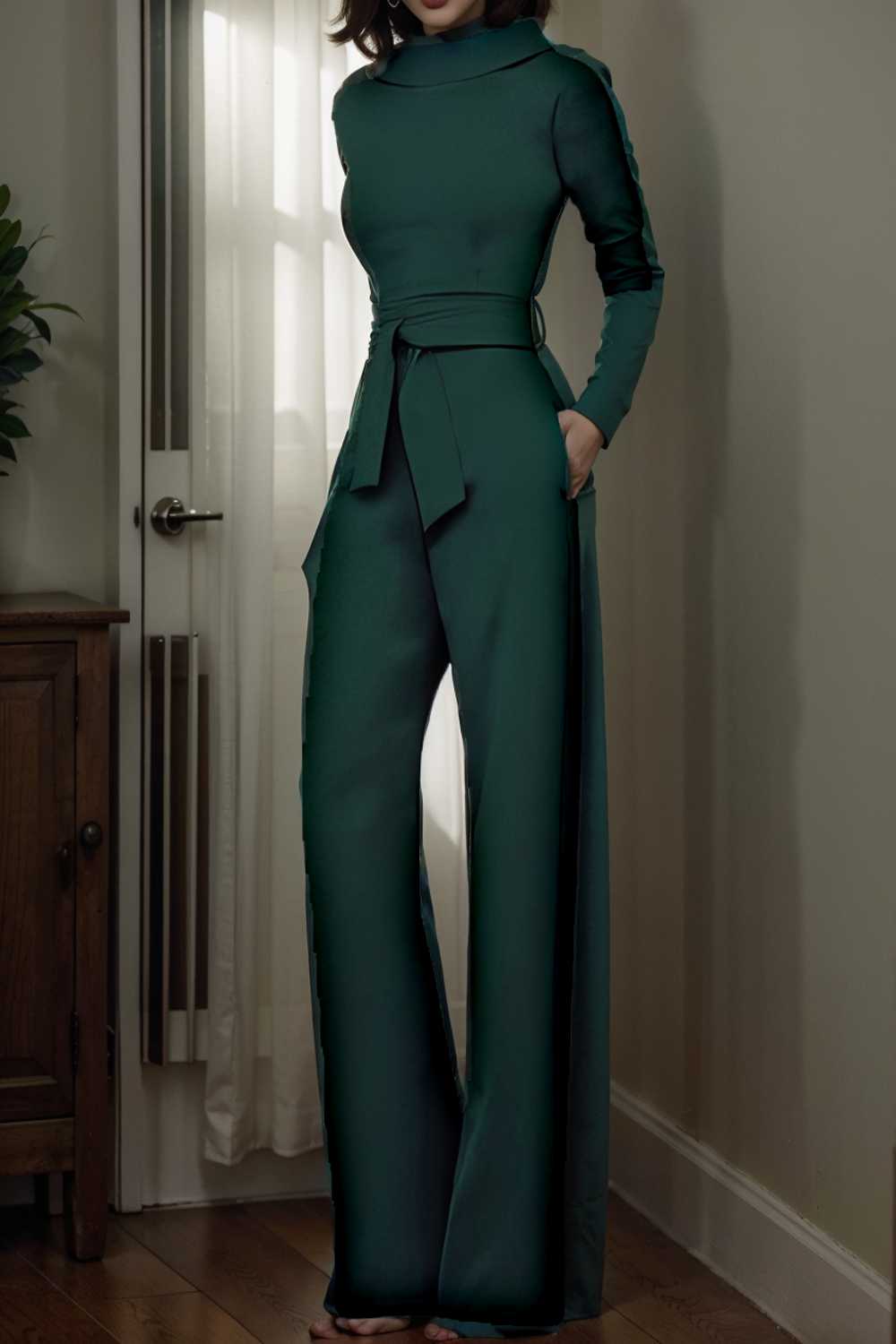 solid five point sleeve belted wide leg jumpsuit 105310