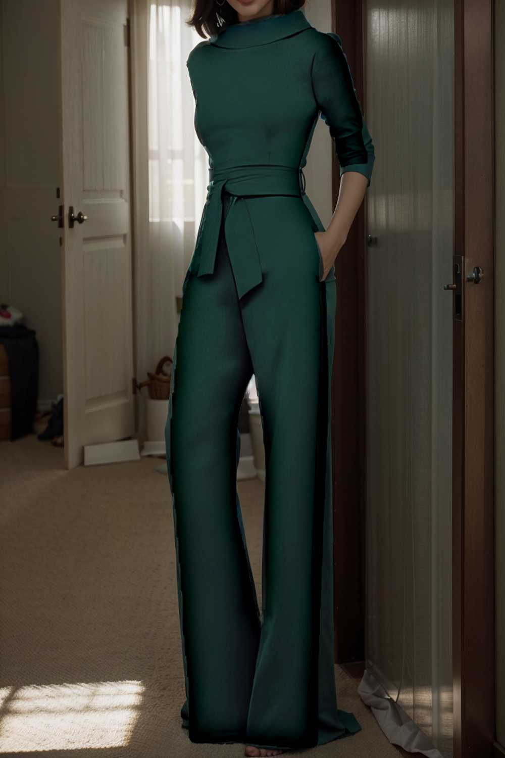 solid five point sleeve belted wide leg jumpsuit 105306