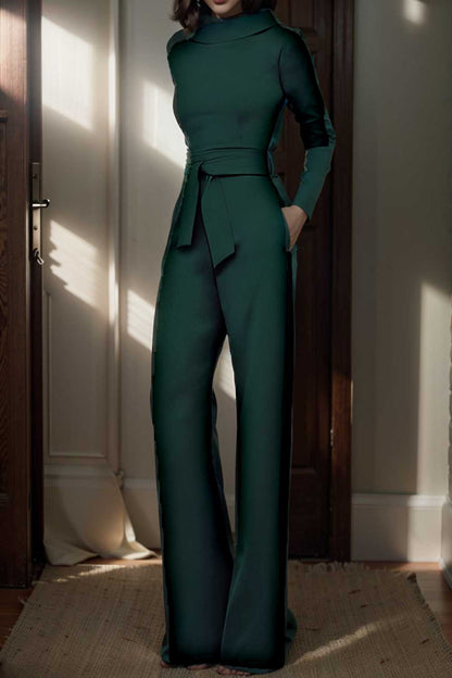 solid five point sleeve belted wide leg jumpsuit 105302