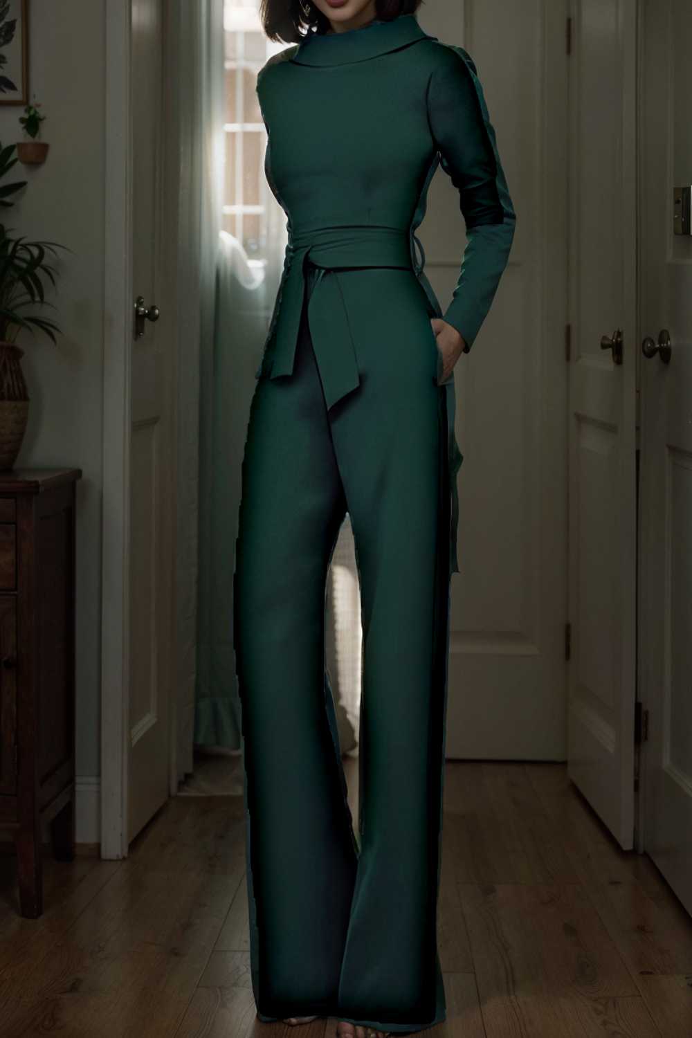 solid five point sleeve belted wide leg jumpsuit 105300