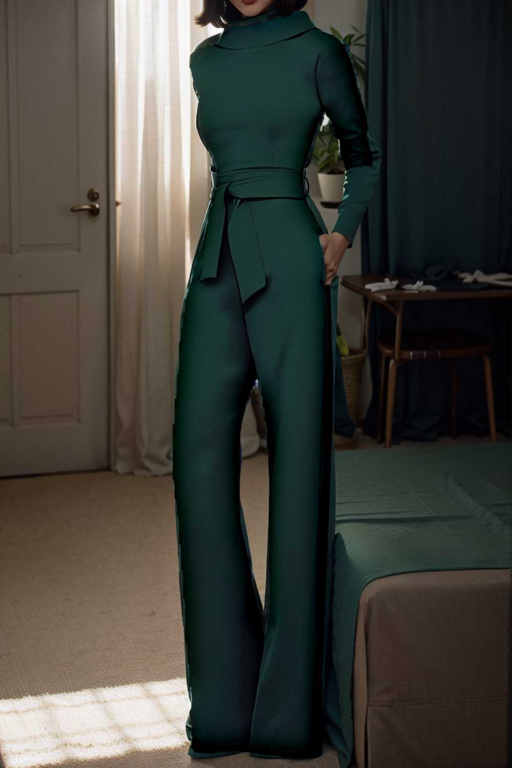 solid five point sleeve belted wide leg jumpsuit 105299