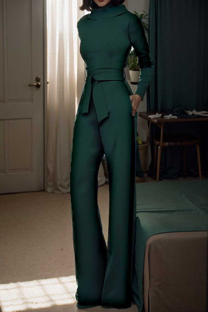 solid five point sleeve belted wide leg jumpsuit 105299