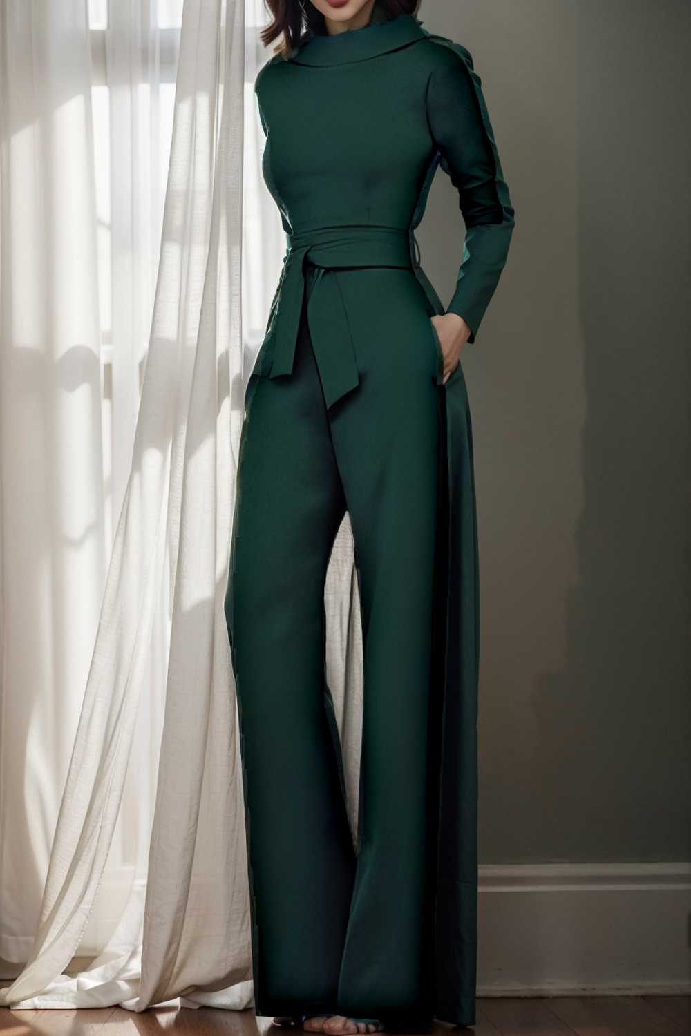 solid five point sleeve belted wide leg jumpsuit 105298