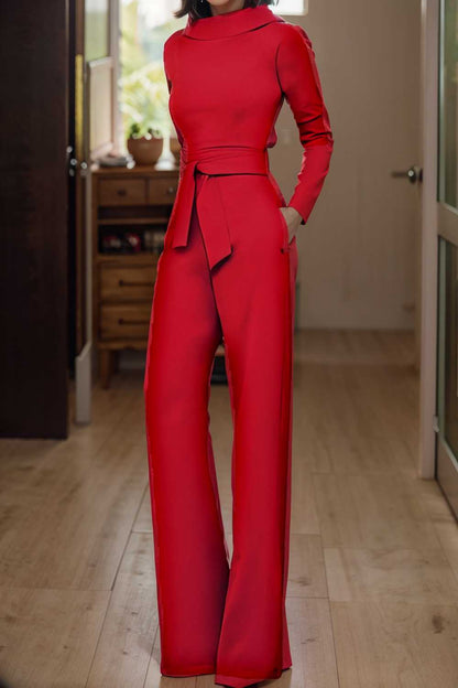 solid five point sleeve belted wide leg jumpsuit 105297