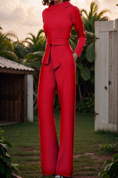 solid five point sleeve belted wide leg jumpsuit 108426