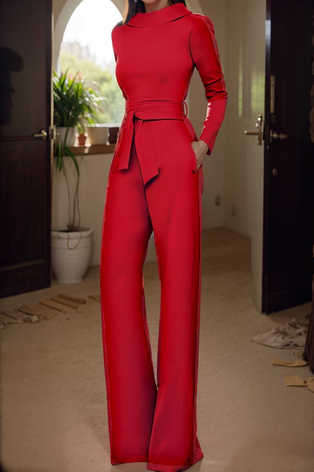 solid five point sleeve belted wide leg jumpsuit 107939