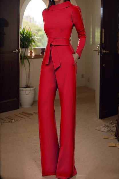 solid five point sleeve belted wide leg jumpsuit 107939