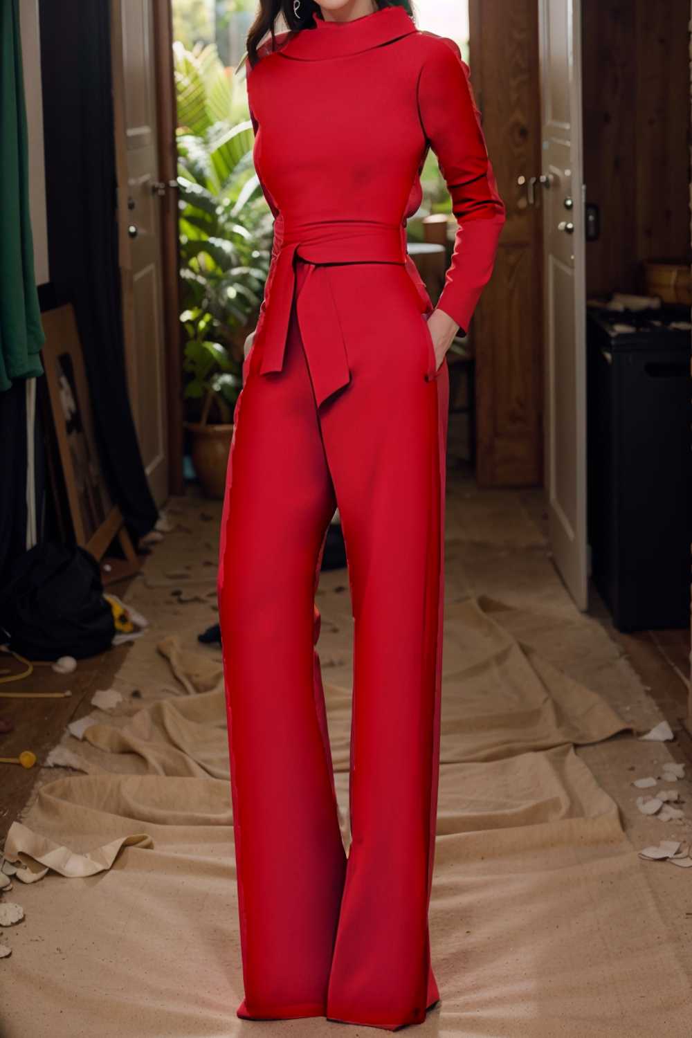 solid five point sleeve belted wide leg jumpsuit 104941