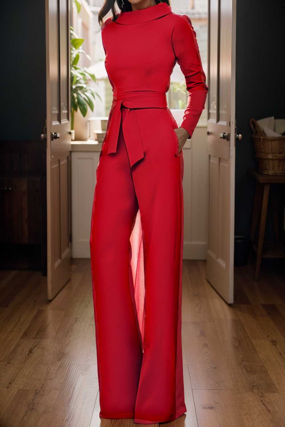 solid five point sleeve belted wide leg jumpsuit 104940