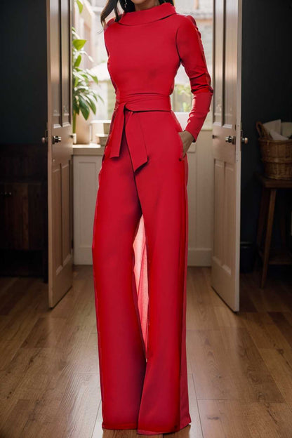 solid five point sleeve belted wide leg jumpsuit 104940