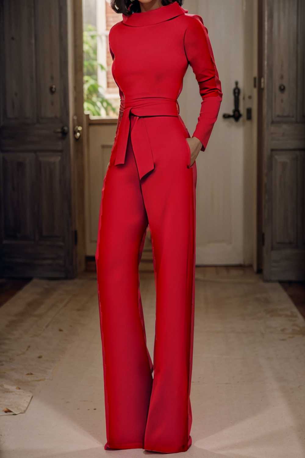 solid five point sleeve belted wide leg jumpsuit 105296