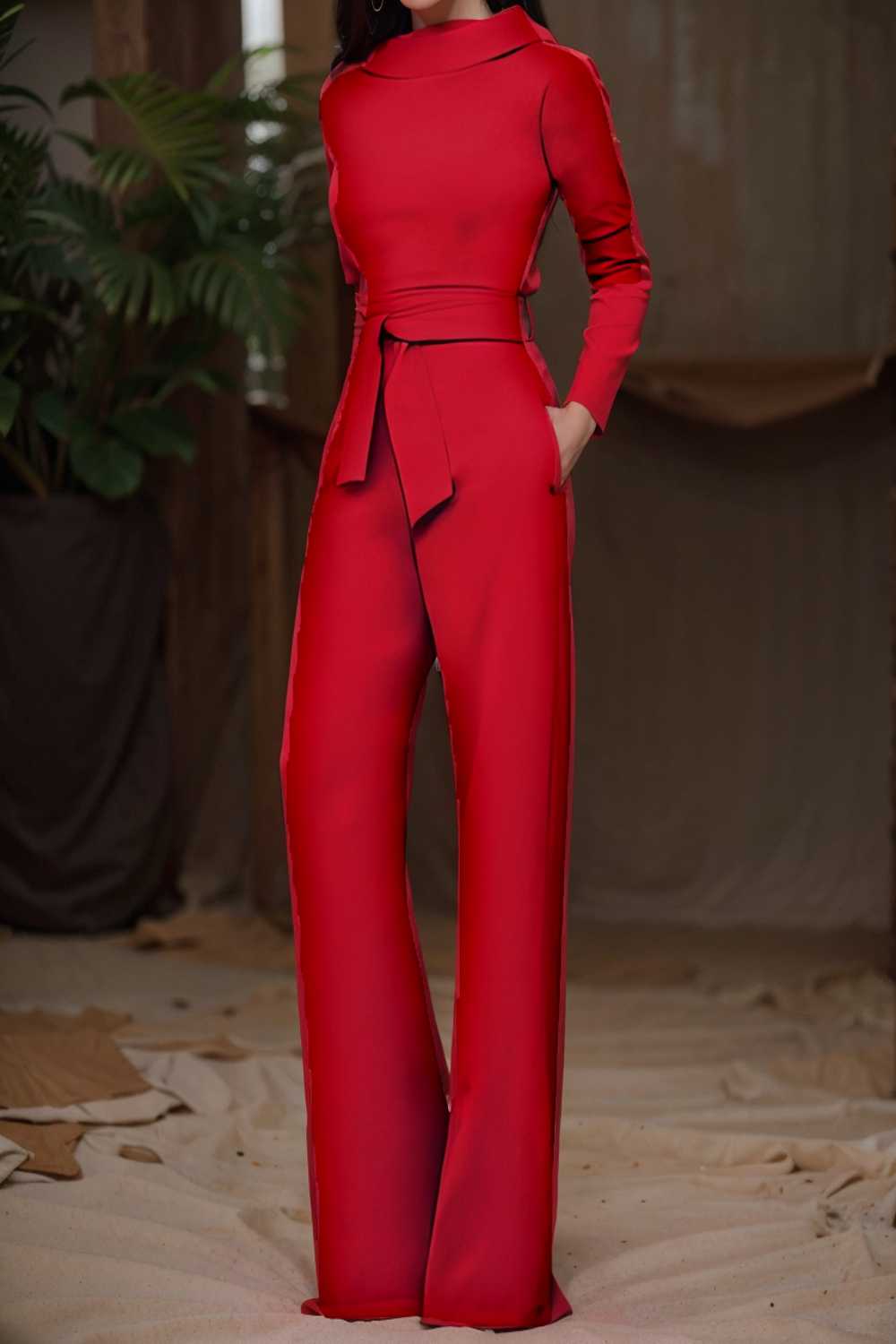 solid five point sleeve belted wide leg jumpsuit 104939