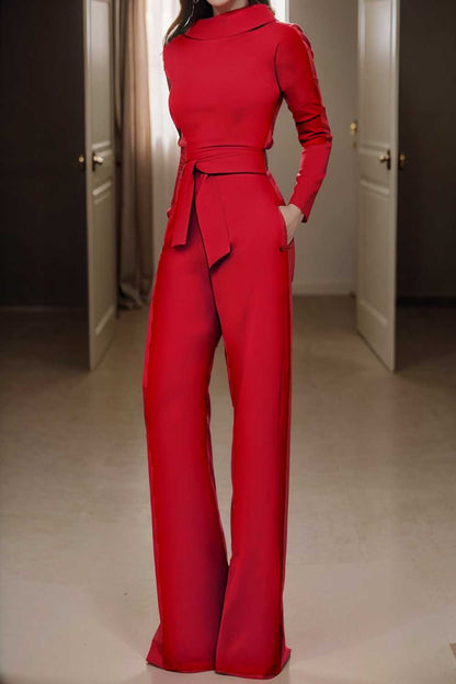 solid five point sleeve belted wide leg jumpsuit 105295