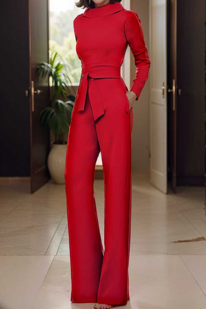 solid five point sleeve belted wide leg jumpsuit 105294