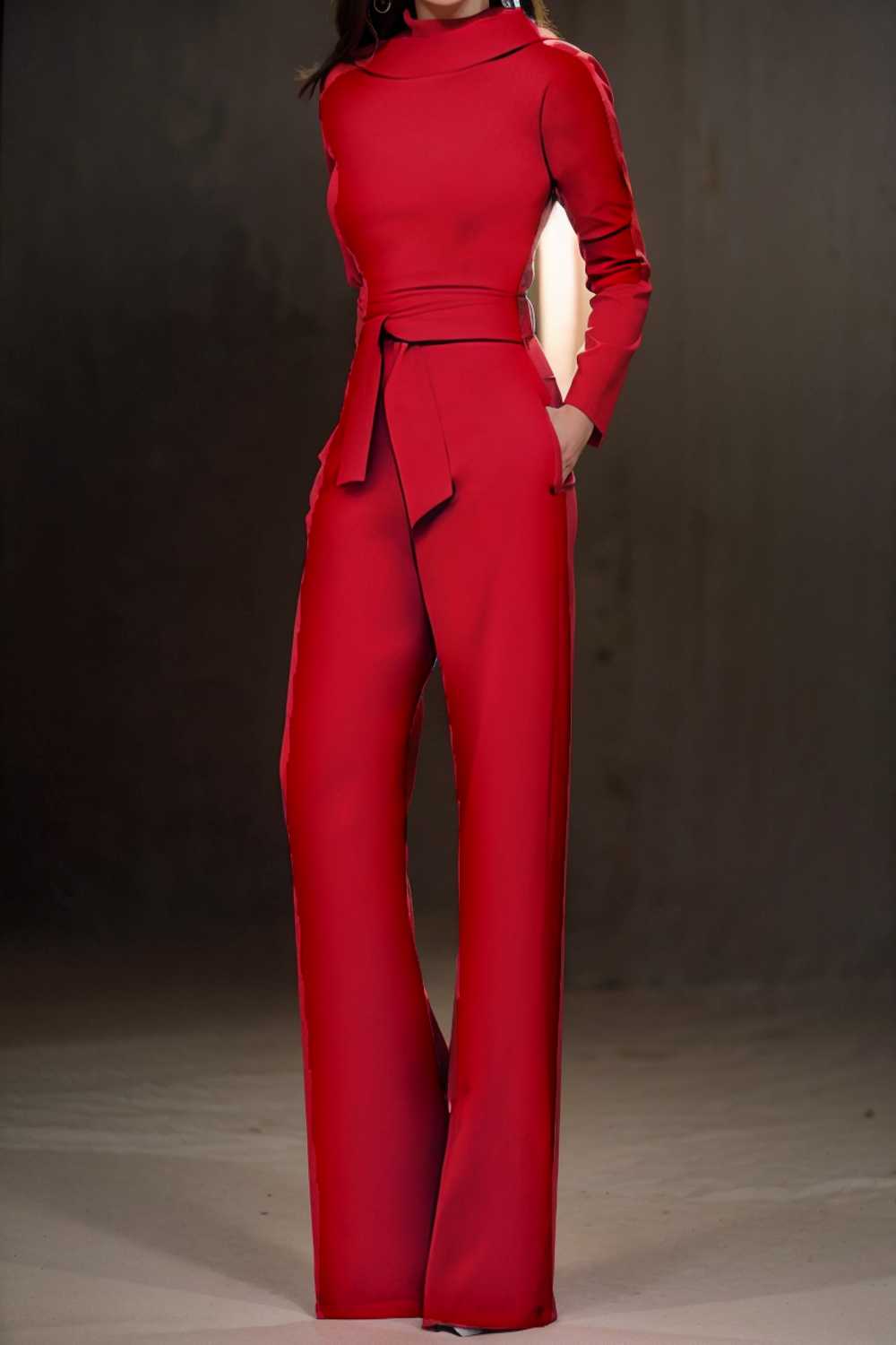 solid five point sleeve belted wide leg jumpsuit 104938