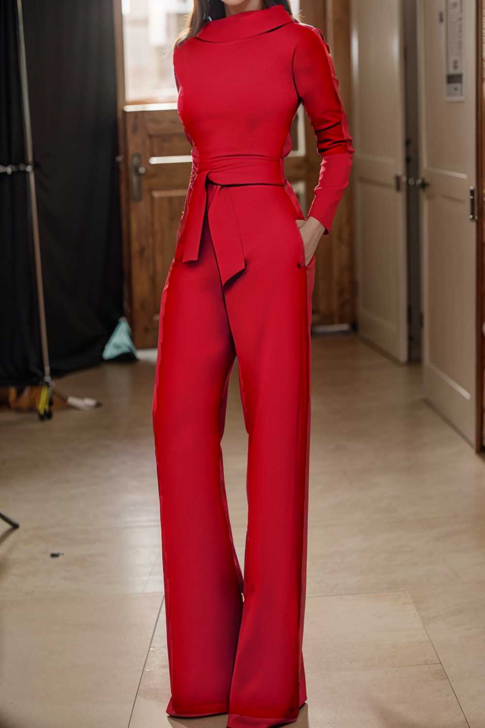 solid five point sleeve belted wide leg jumpsuit 105293