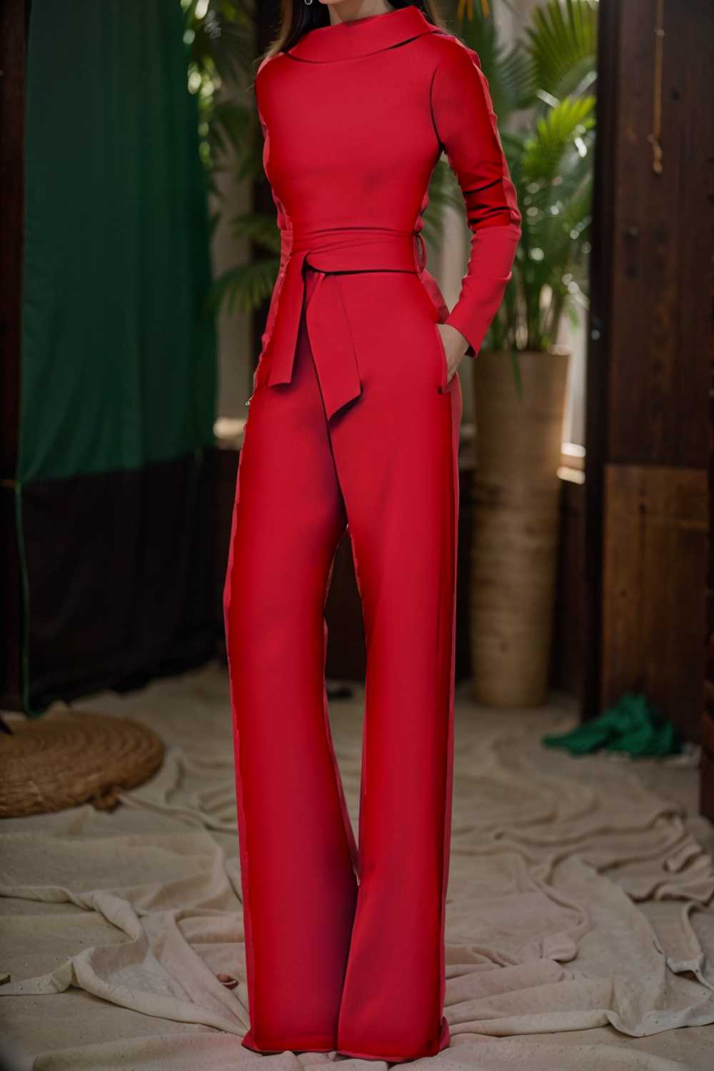 solid five point sleeve belted wide leg jumpsuit 104936