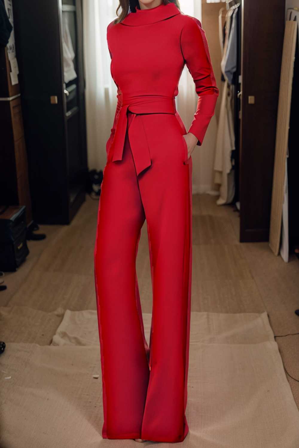 solid five point sleeve belted wide leg jumpsuit 104935
