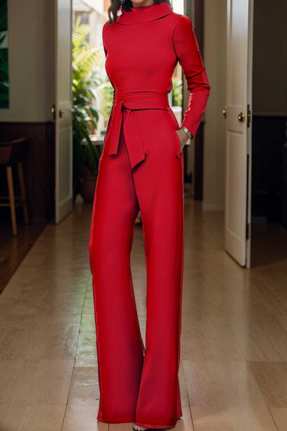 solid five point sleeve belted wide leg jumpsuit 105291