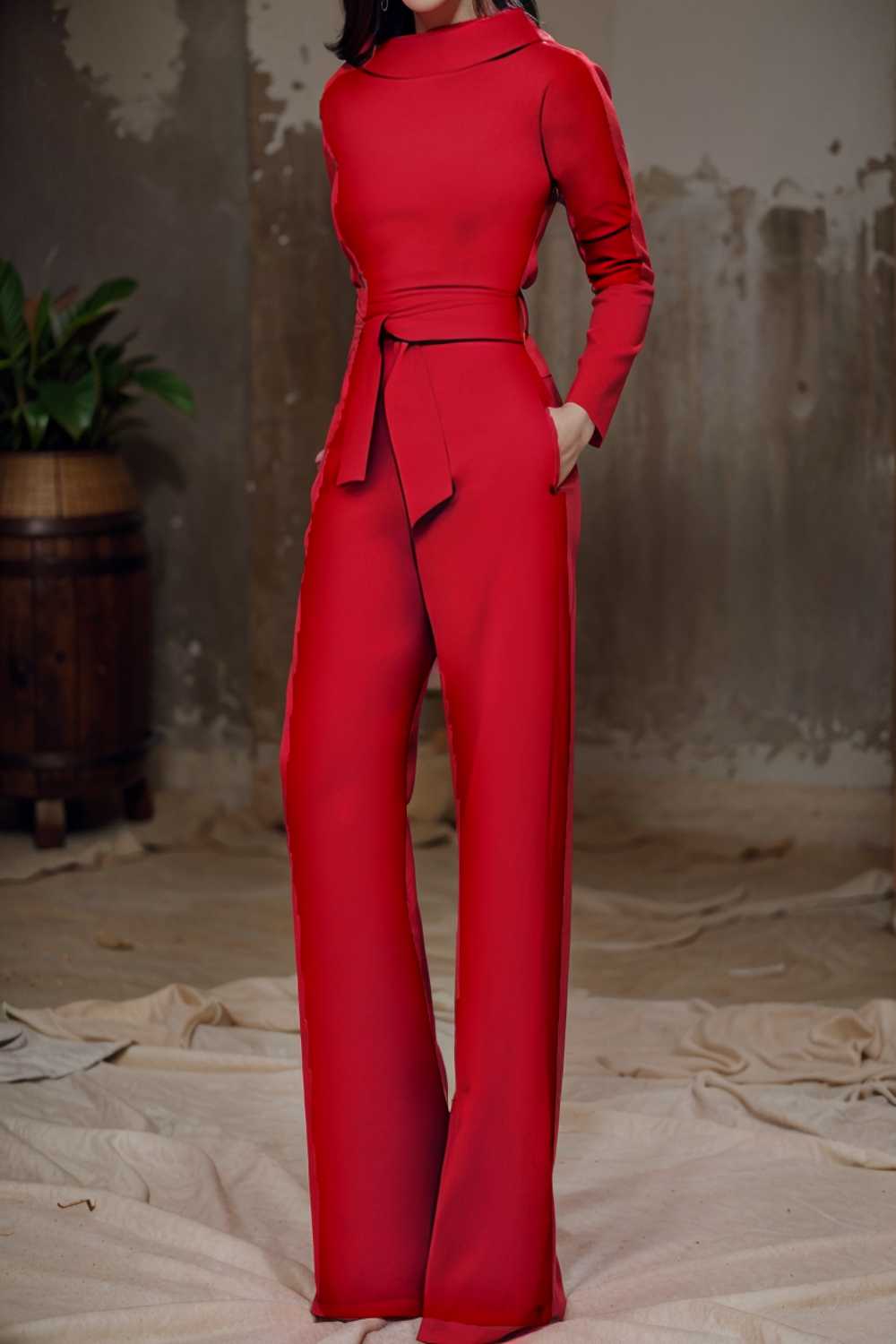 solid five point sleeve belted wide leg jumpsuit 105290