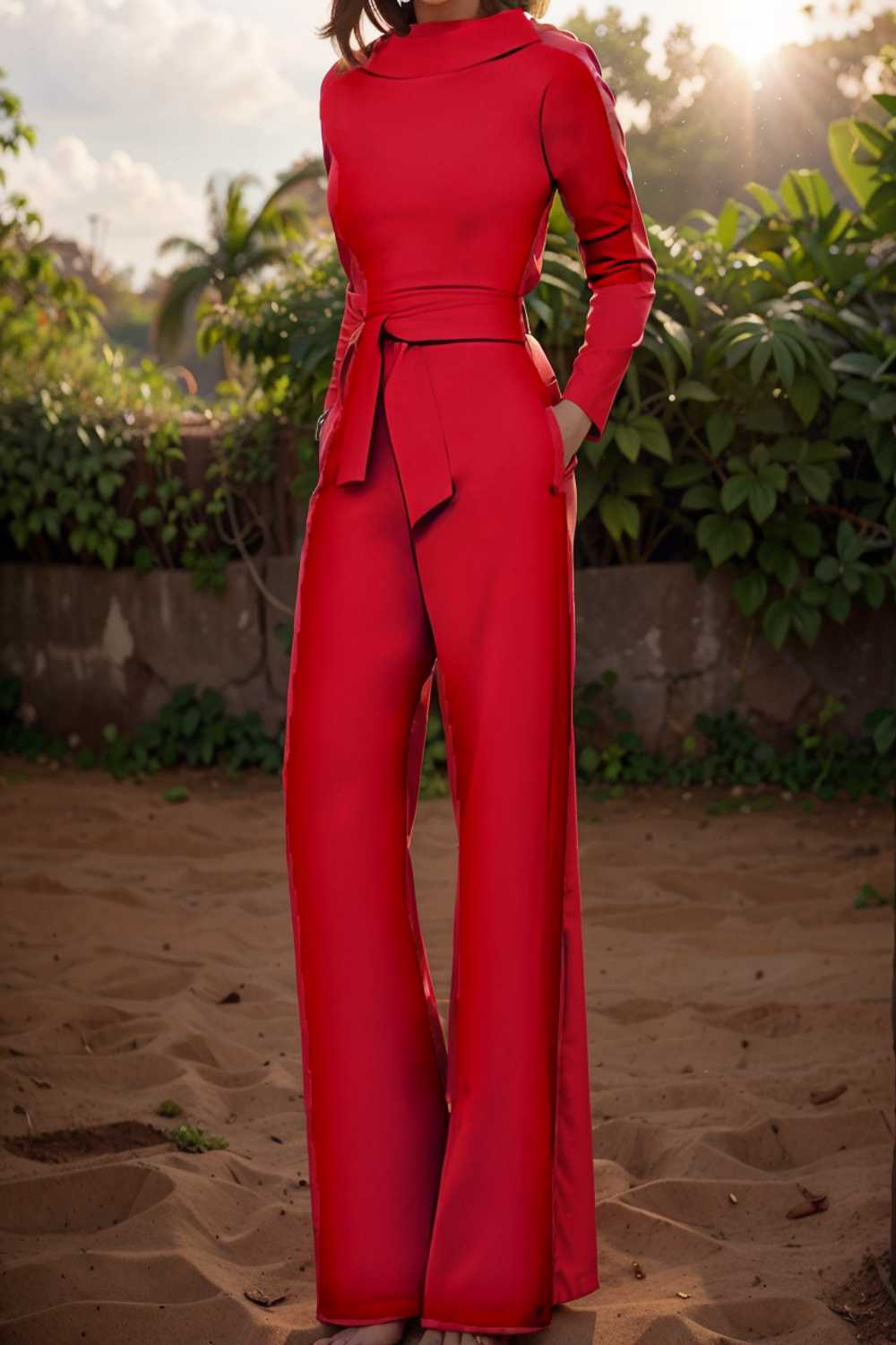 solid five point sleeve belted wide leg jumpsuit 105289