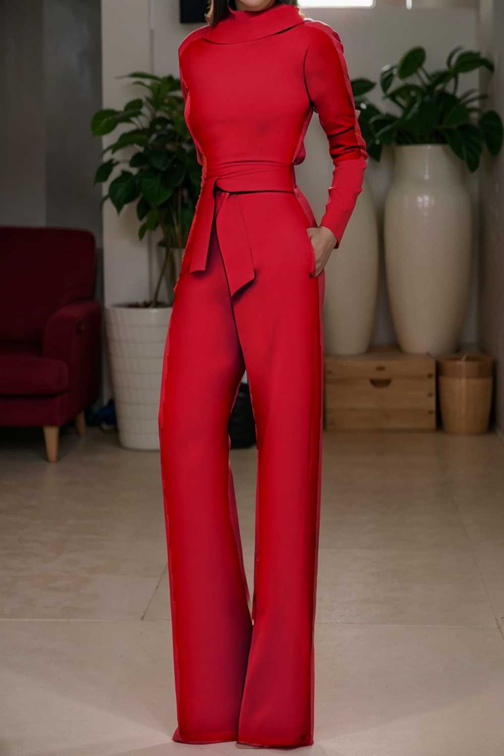 solid five point sleeve belted wide leg jumpsuit 105288