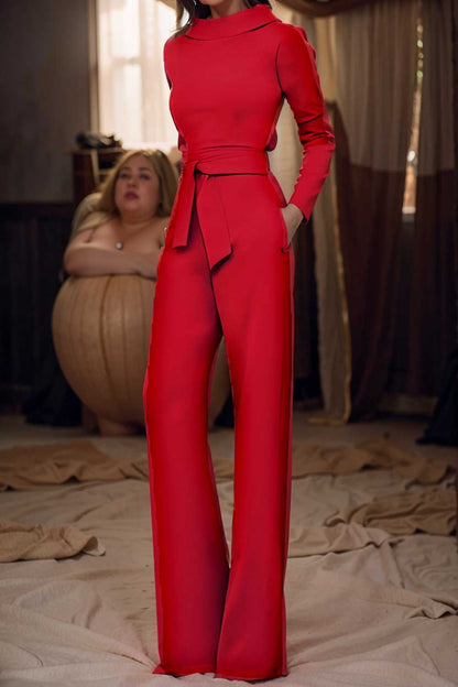 solid five point sleeve belted wide leg jumpsuit 105287